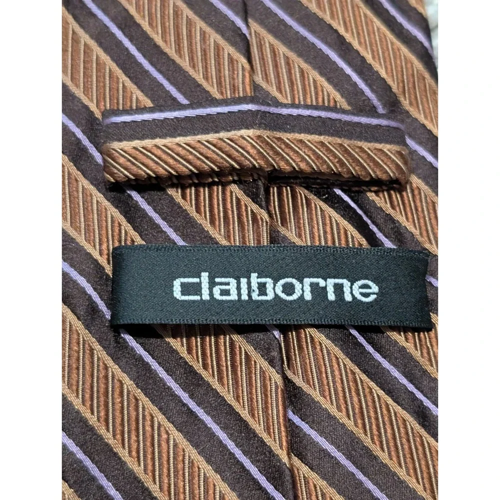 Claiborne Necktie Brown‎ Bronze Lavender Striped Silk Hand Made Classic Tie